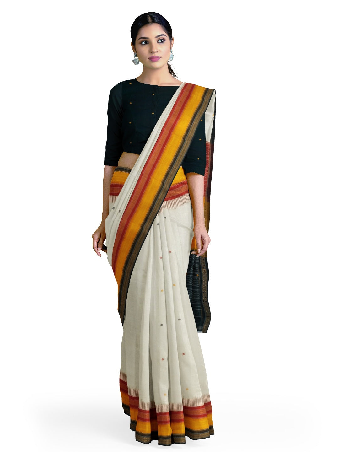 White Kathiphera Odisha Ikat saree with cotton ikat blouse piece