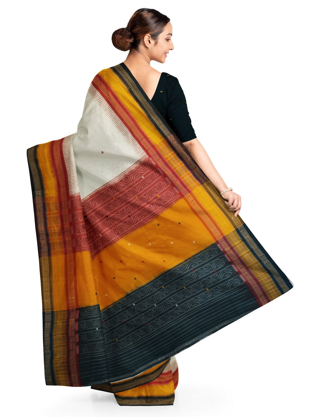 White Kathiphera Odisha Ikat saree with cotton ikat blouse piece