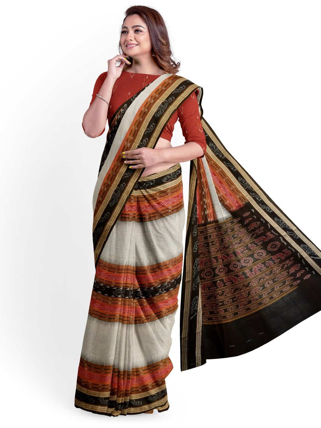 Off-white Sambalpuri Sachipar Cotton Saree with cotton ikat blouse piece