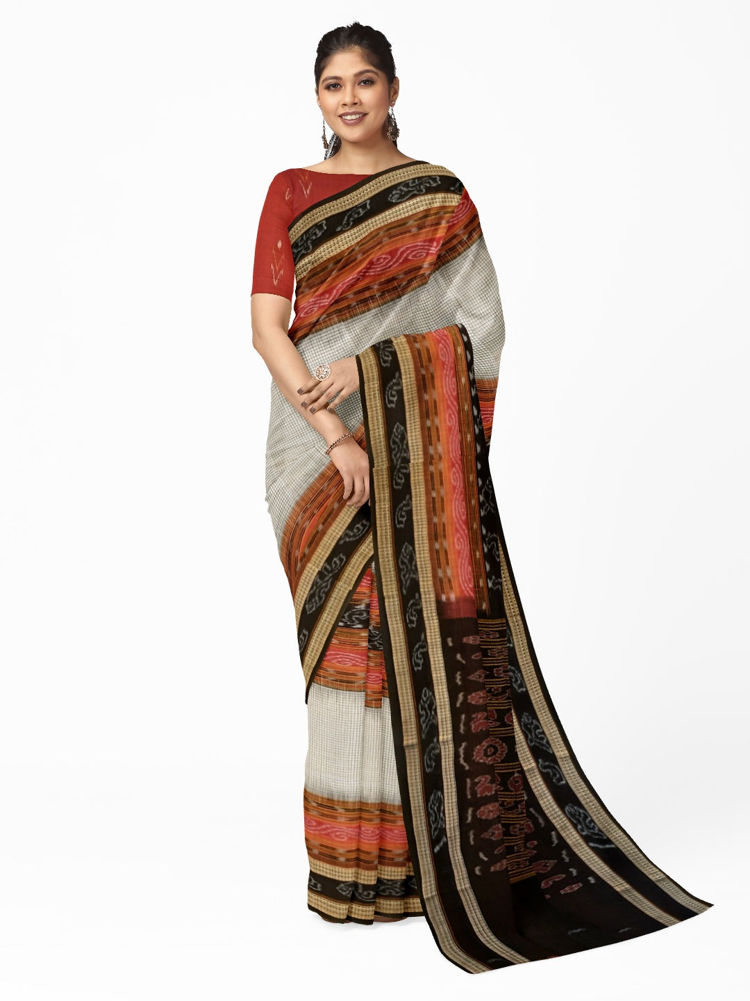 Off-white Sambalpuri Sachipar Cotton Saree with cotton ikat blouse piece