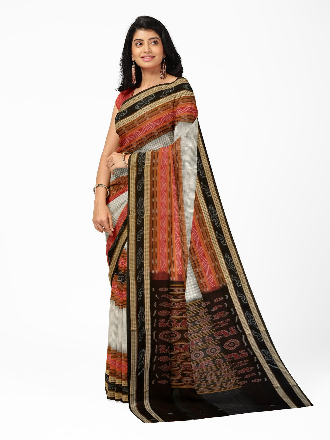 Off-white Sambalpuri Sachipar Cotton Saree with cotton ikat blouse piece