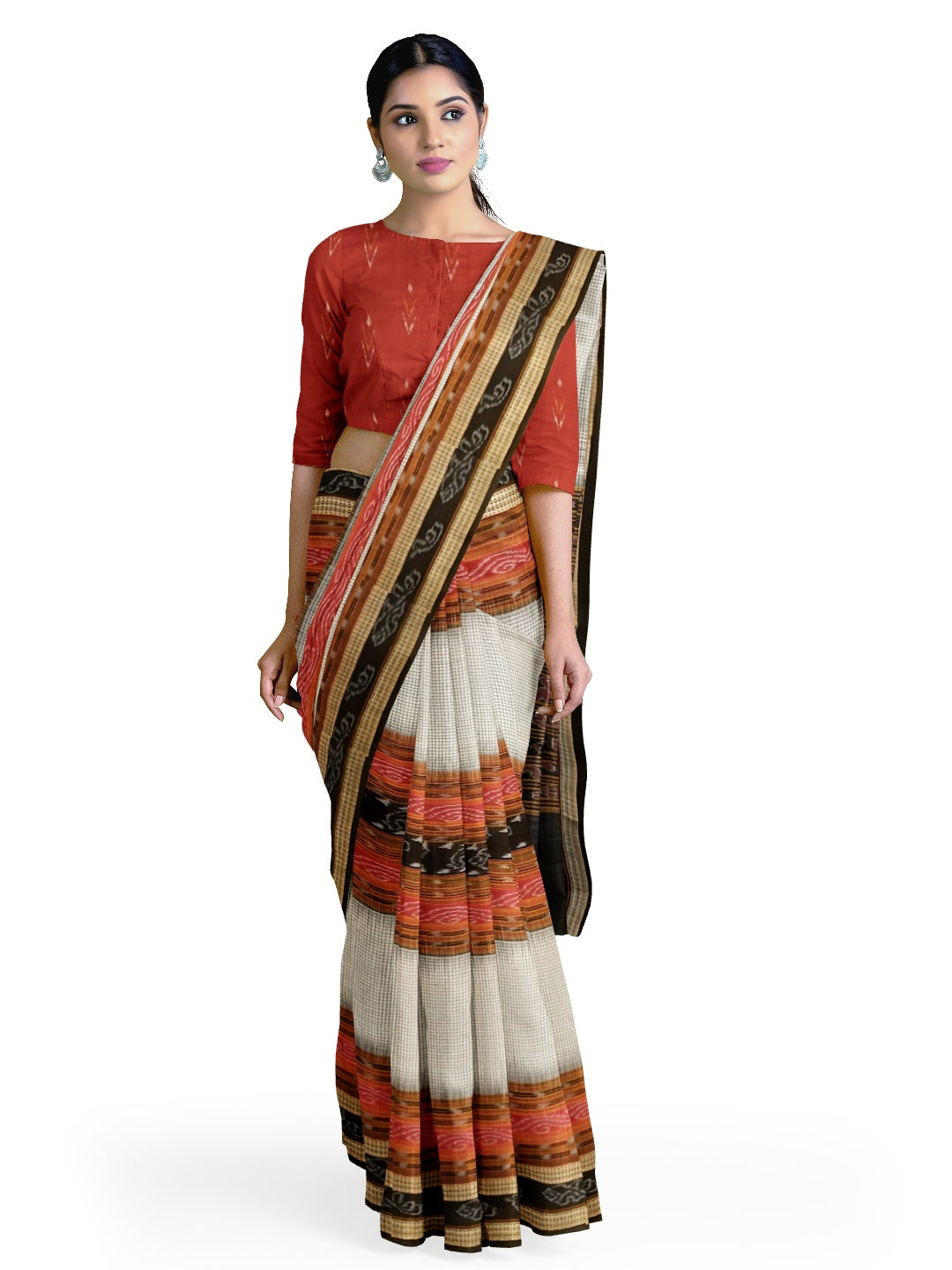 Off-white Sambalpuri Sachipar Cotton Saree with cotton ikat blouse piece