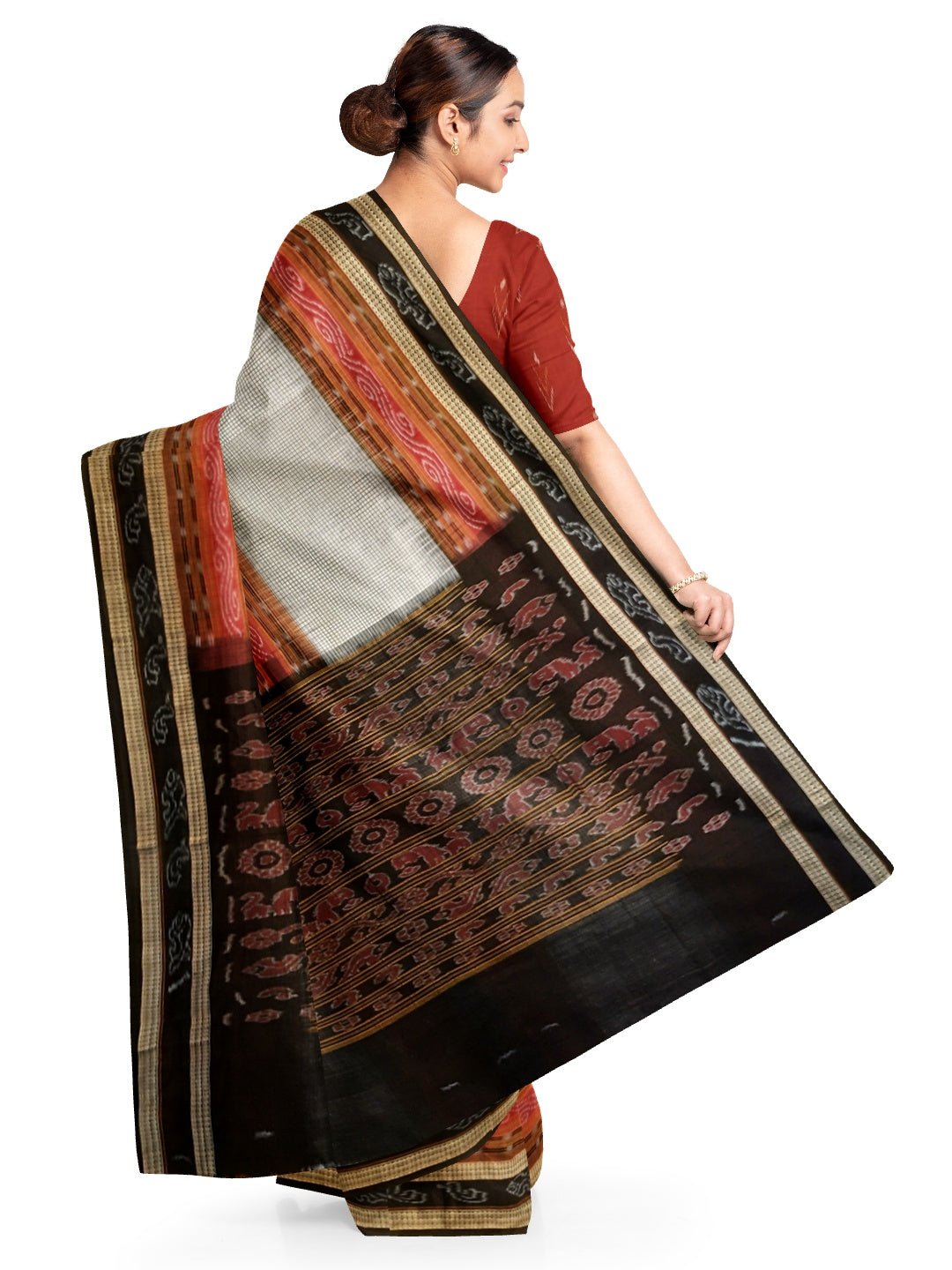 Off-white Sambalpuri Sachipar Cotton Saree with cotton ikat blouse piece