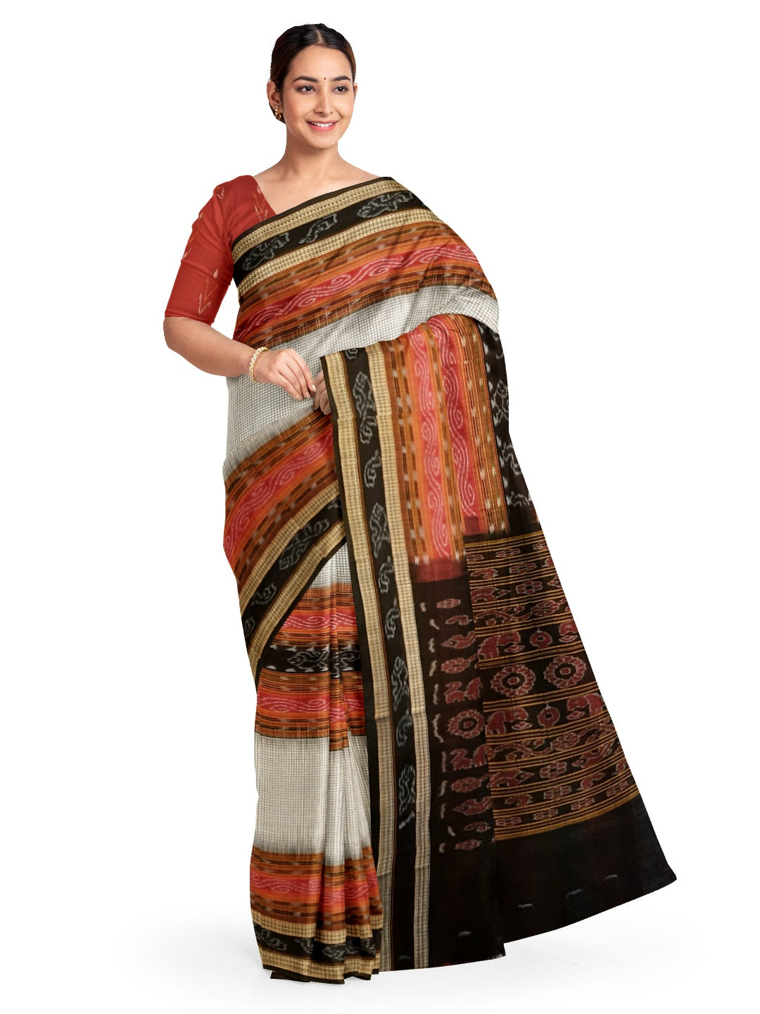 Off-white Sambalpuri Sachipar Cotton Saree with cotton ikat blouse piece