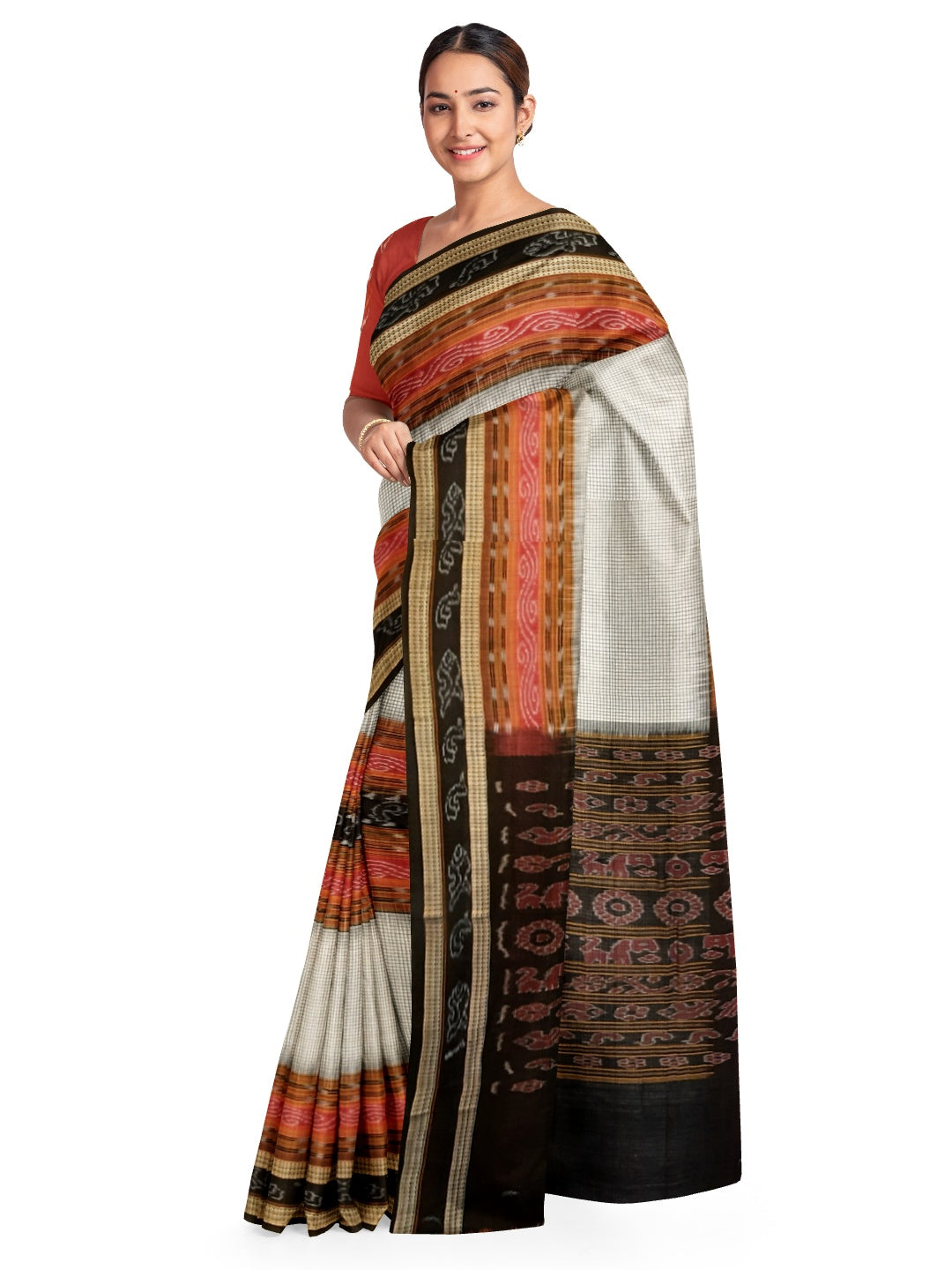 Off-white Sambalpuri Sachipar Cotton Saree with cotton ikat blouse piece