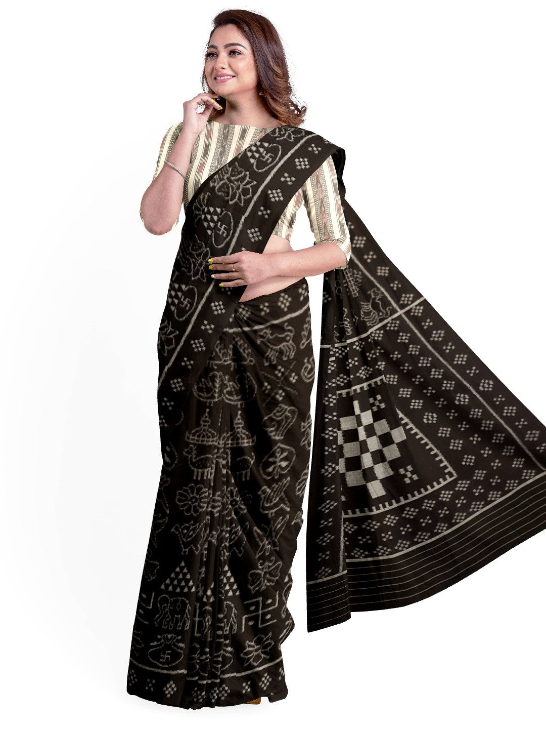 Black cotton Nabakothi Pattern ikat Saree with mix match red cotton Ikat blouse