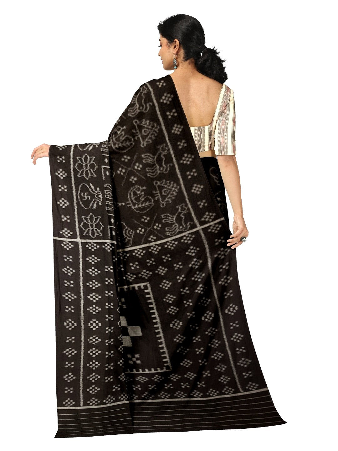 Black cotton Nabakothi Pattern ikat Saree with mix match red cotton Ikat blouse