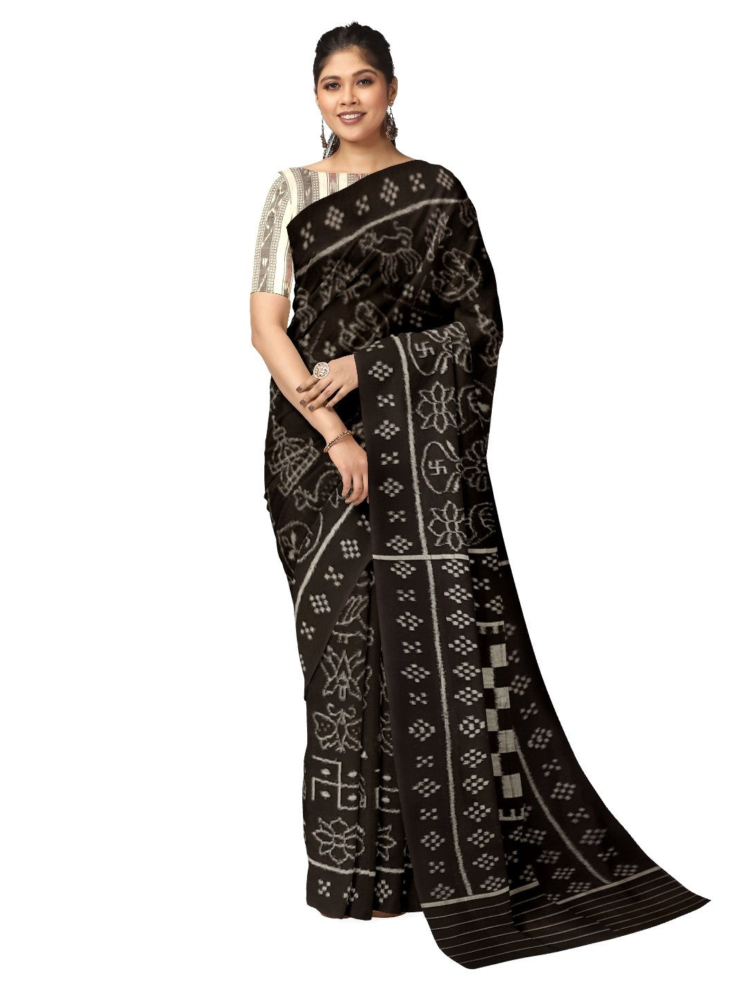 Black cotton Nabakothi Pattern ikat Saree with mix match red cotton Ikat blouse