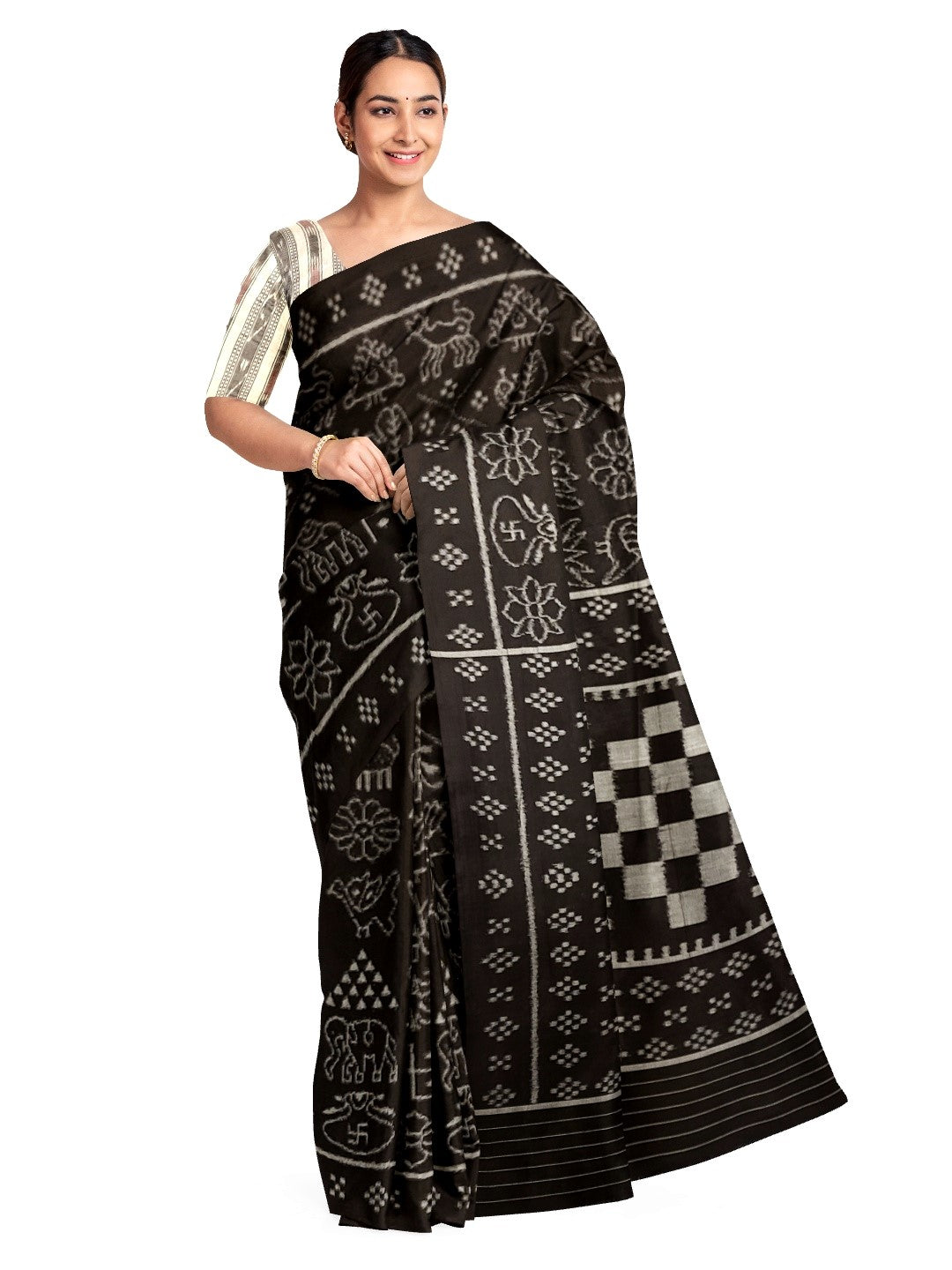 Black cotton Nabakothi Pattern ikat Saree with mix match red cotton Ikat blouse