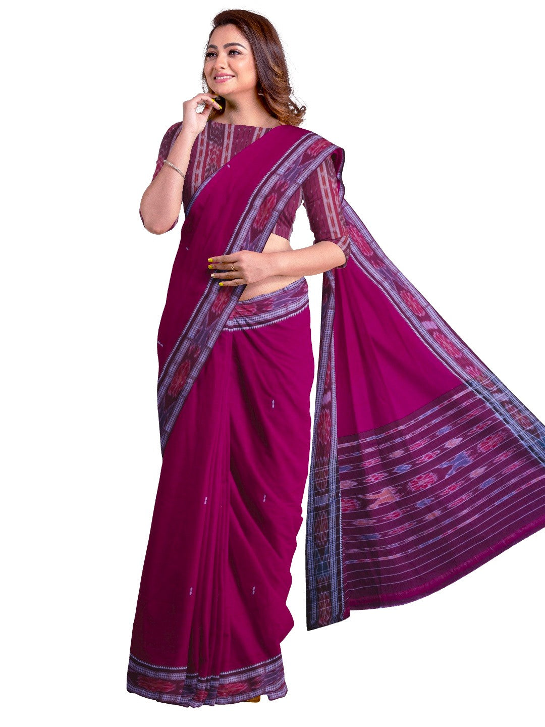 DarkPink Cotton Odisha Ikat saree  with mix match cotton ikat blouse