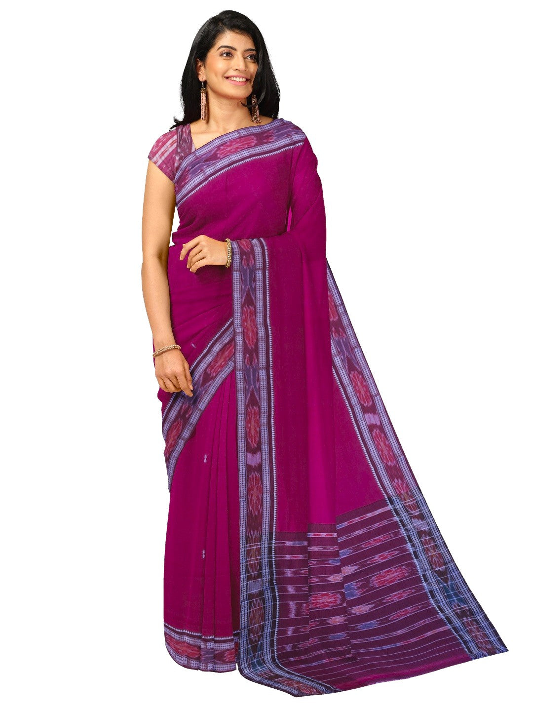 DarkPink Cotton Odisha Ikat saree  with mix match cotton ikat blouse