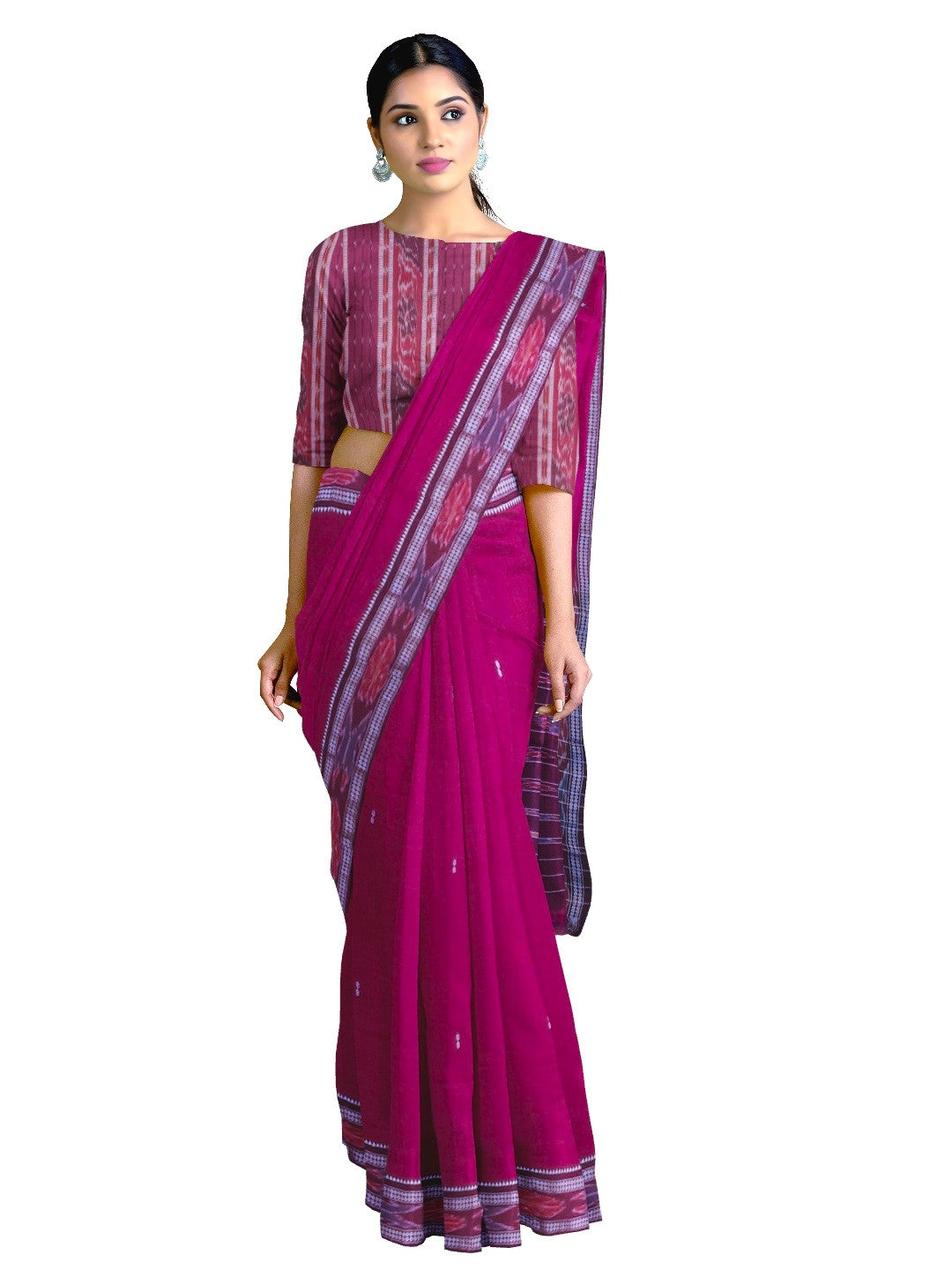 DarkPink Cotton Odisha Ikat saree  with mix match cotton ikat blouse