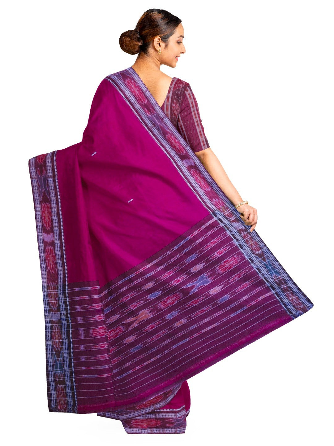 DarkPink Cotton Odisha Ikat saree  with mix match cotton ikat blouse
