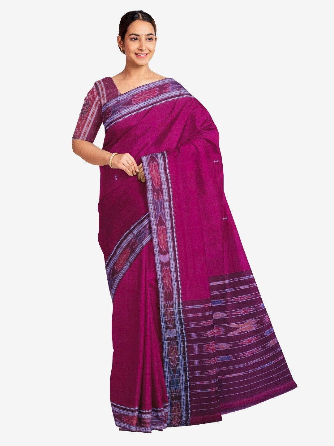 DarkPink Cotton Odisha Ikat saree  with mix match cotton ikat blouse