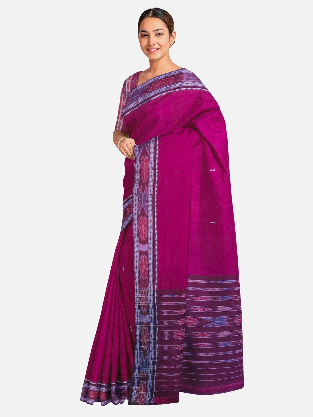 DarkPink Cotton Odisha Ikat saree  with mix match cotton ikat blouse