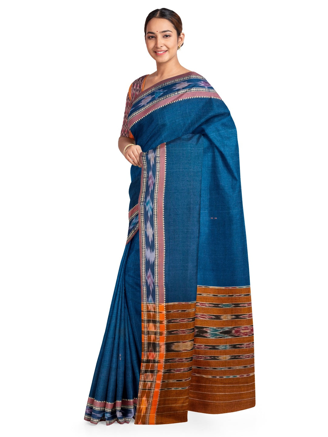 Blue Cotton Odisha Ikat saree  with mix match cotton ikat blouse