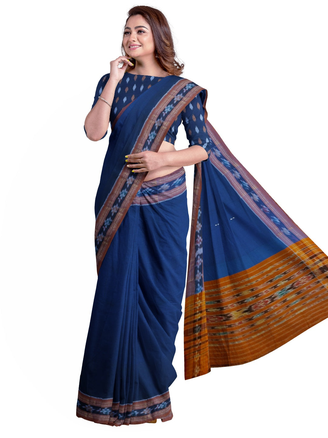 Blue Cotton Odisha Ikat saree  with mix match cotton ikat blouse