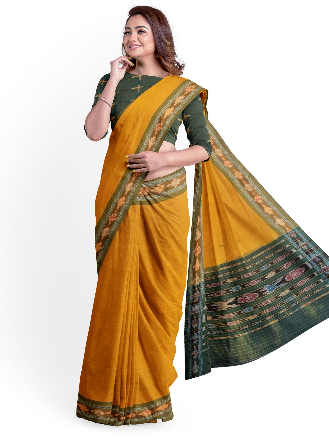 Yellow Cotton Odisha Ikat saree  with mix match cotton ikat blouse