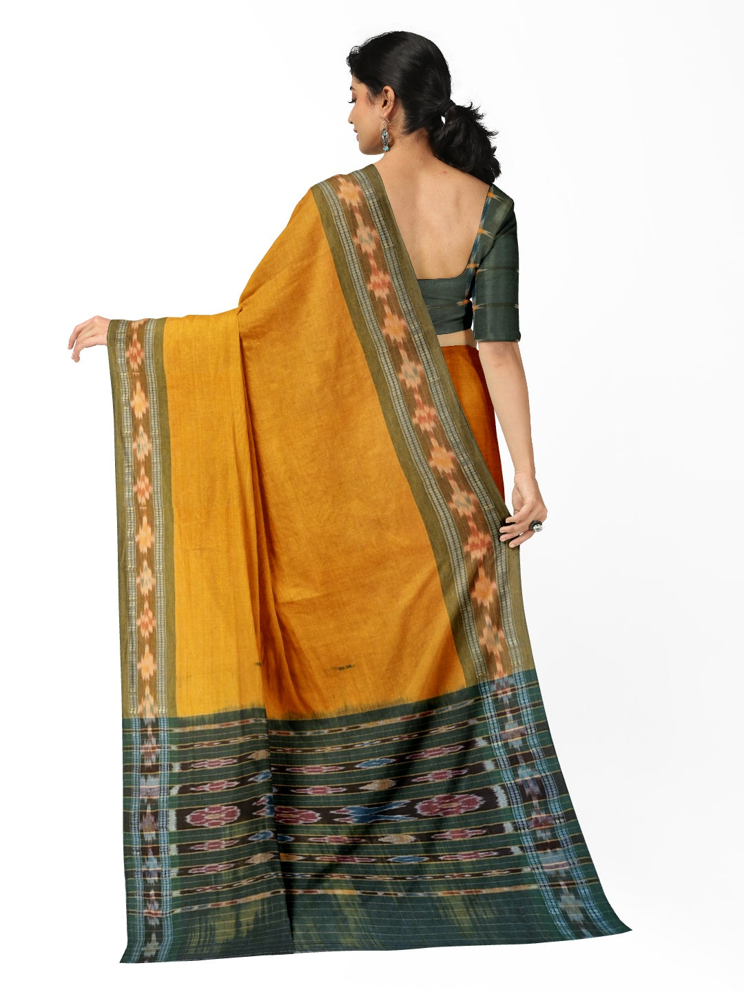 Yellow Cotton Odisha Ikat saree  with mix match cotton ikat blouse