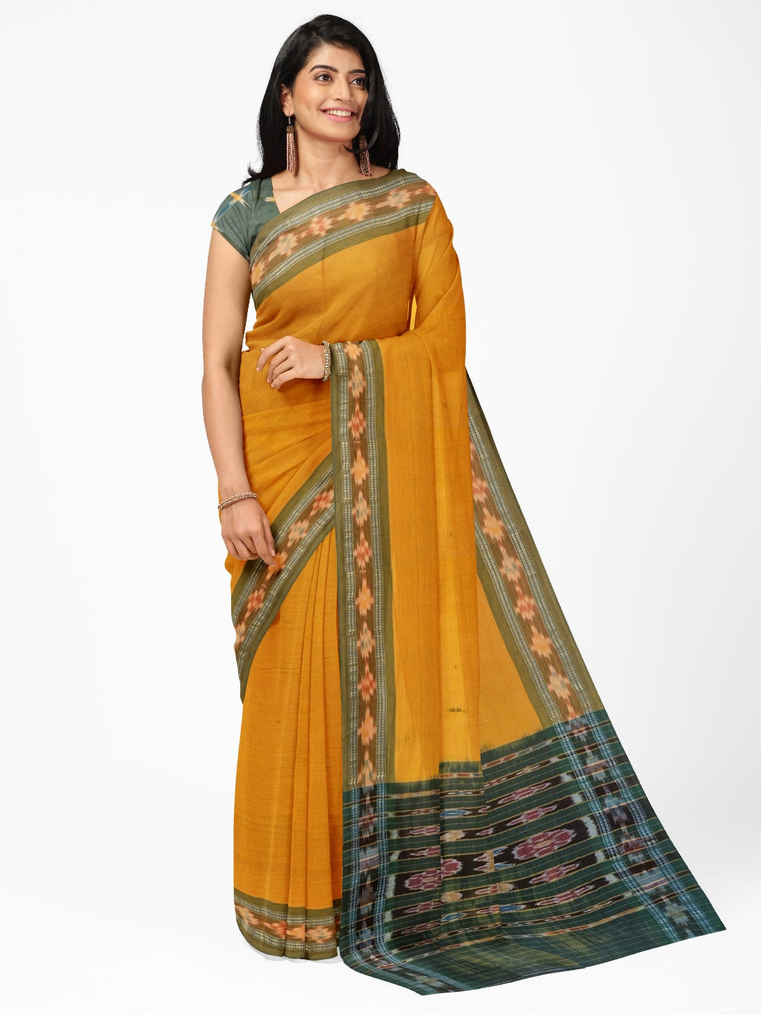 Yellow Cotton Odisha Ikat saree  with mix match cotton ikat blouse