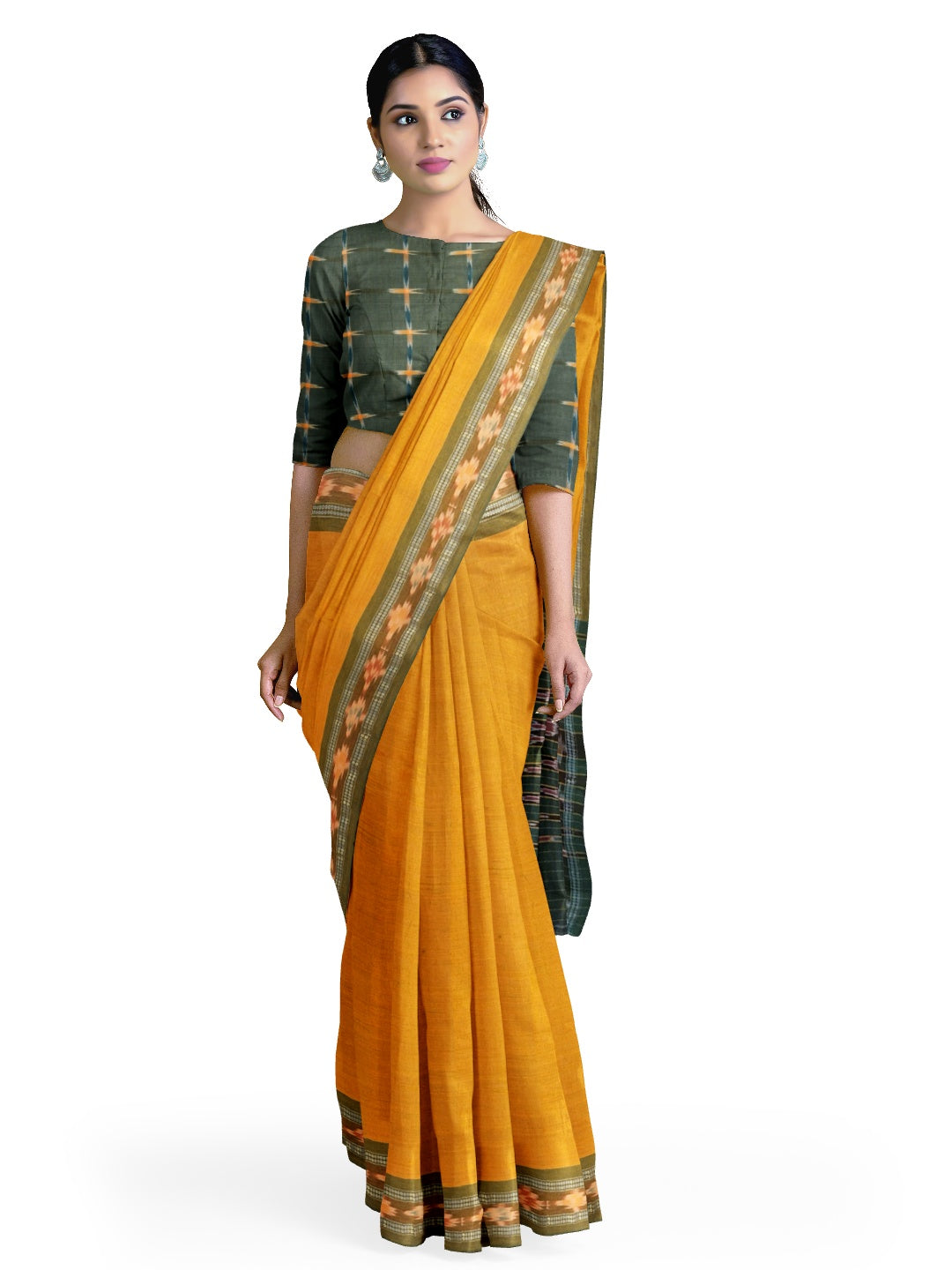 Yellow Cotton Odisha Ikat saree  with mix match cotton ikat blouse