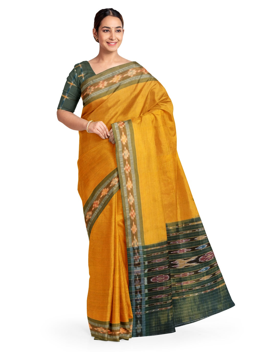 Yellow Cotton Odisha Ikat saree  with mix match cotton ikat blouse
