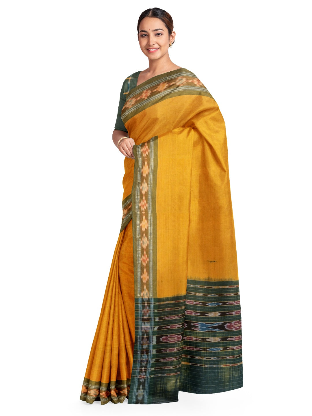 Yellow Cotton Odisha Ikat saree  with mix match cotton ikat blouse