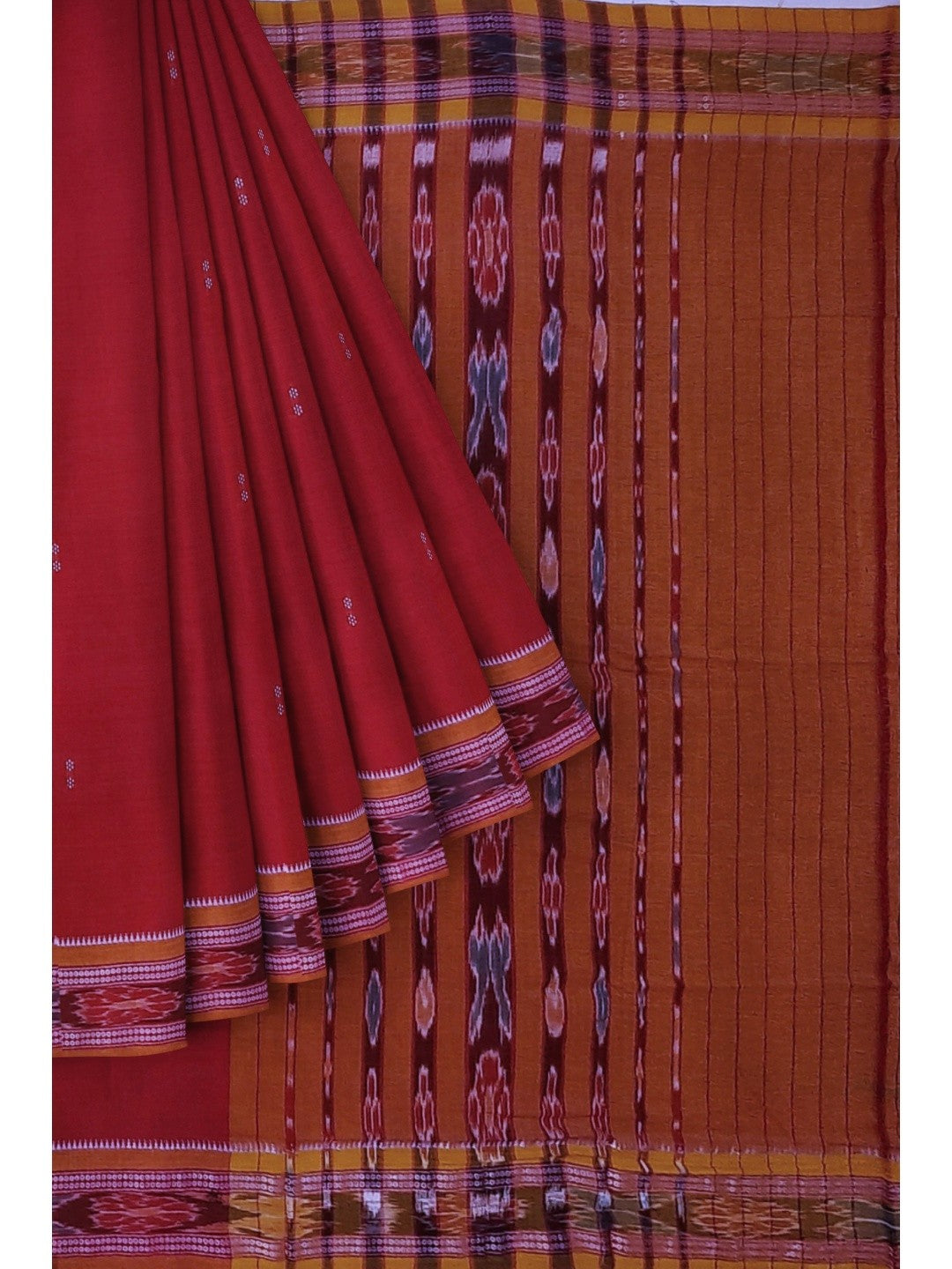 Red Cotton Odisha Ikat saree  with mix match cotton ikat blouse