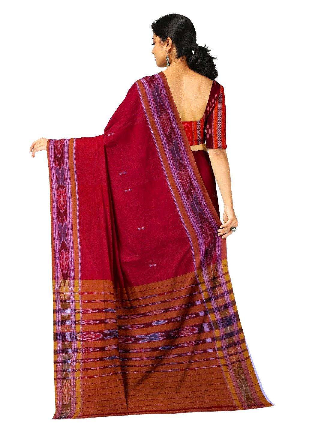 Red Cotton Odisha Ikat saree  with mix match cotton ikat blouse