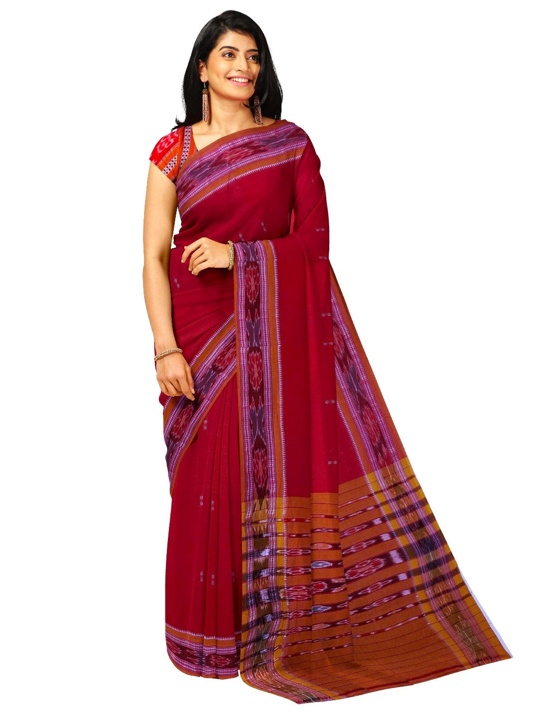 Red Cotton Odisha Ikat saree  with mix match cotton ikat blouse