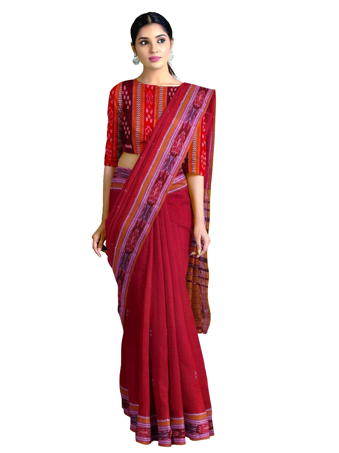 Red Cotton Odisha Ikat saree  with mix match cotton ikat blouse