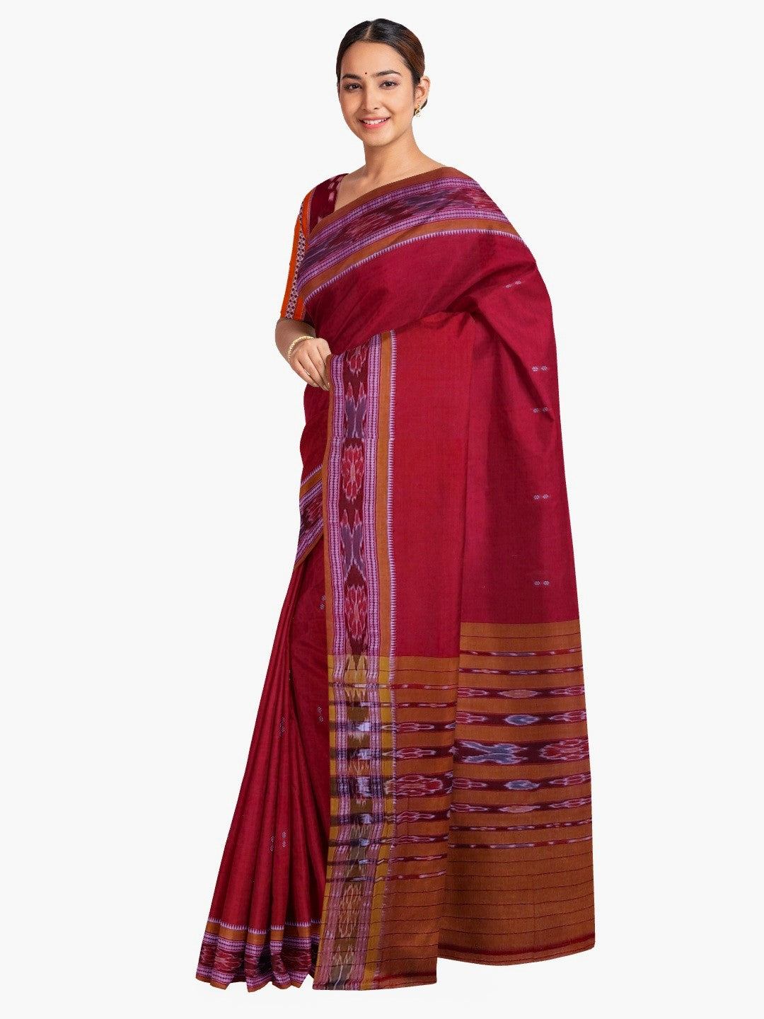 Red Cotton Odisha Ikat saree  with mix match cotton ikat blouse