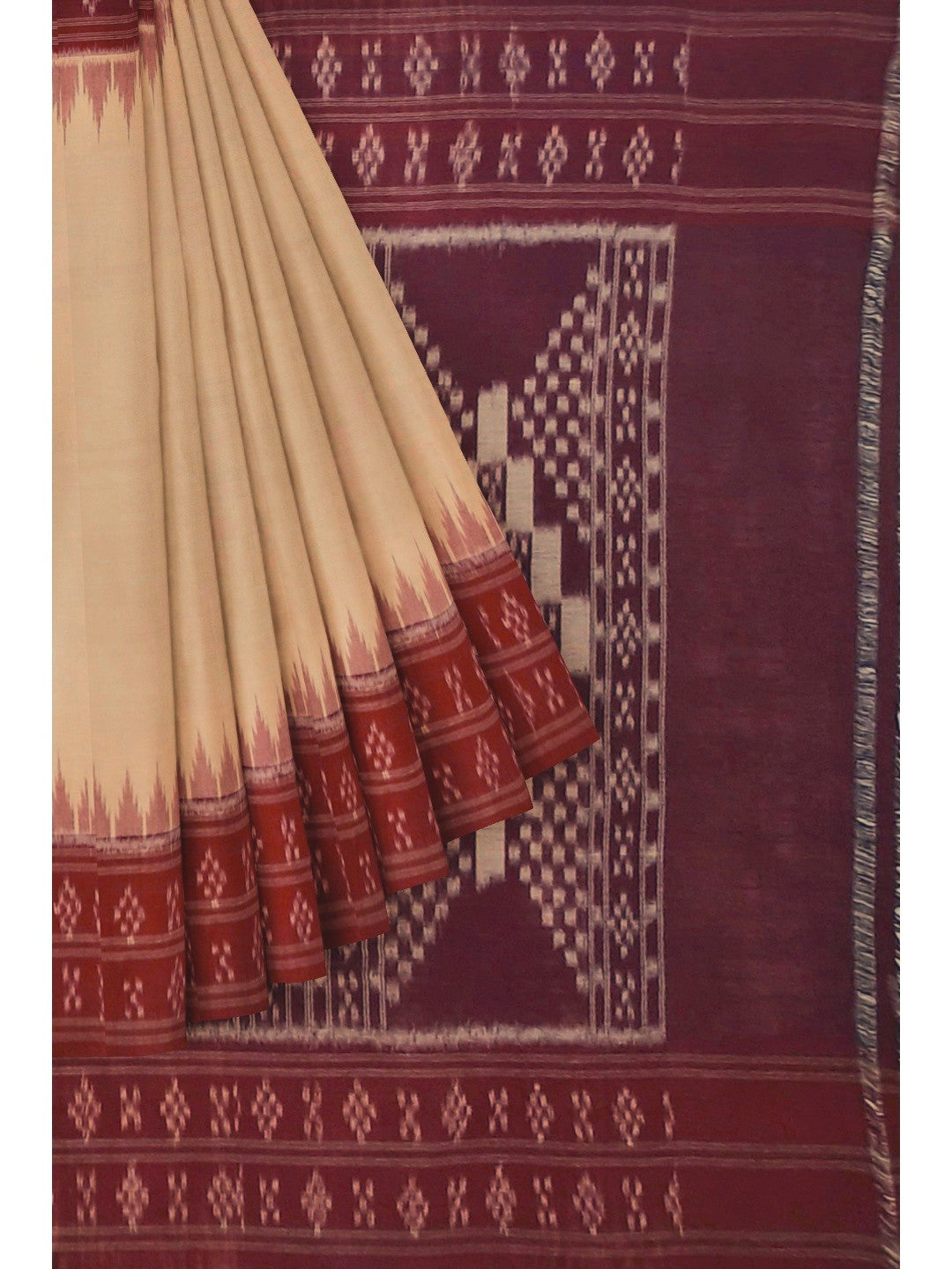 Beige Maroon double border Odisha Ikat saree with running blouse piece