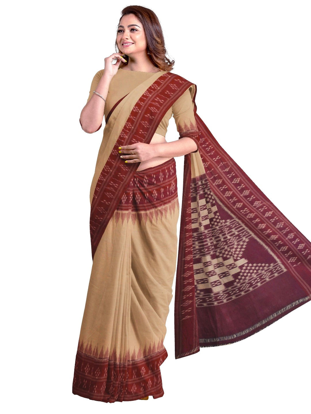 Beige Maroon double border Odisha Ikat saree with running blouse piece