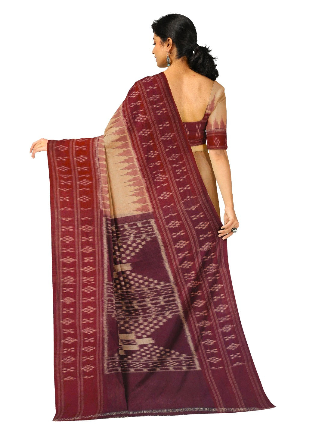 Beige Maroon double border Odisha Ikat saree with running blouse piece