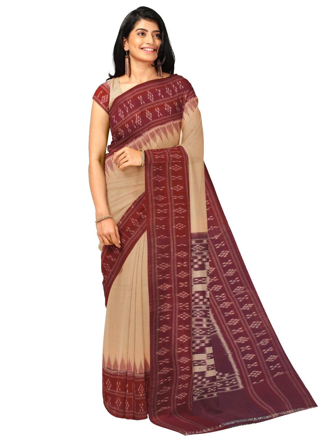 Beige Maroon double border Odisha Ikat saree with running blouse piece