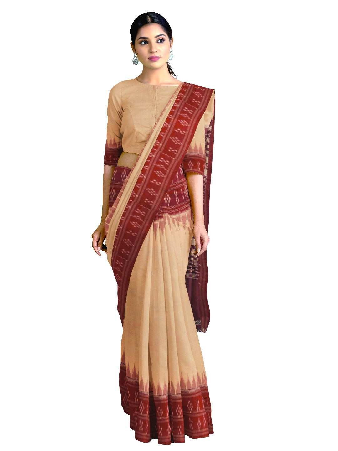 Beige Maroon double border Odisha Ikat saree with running blouse piece