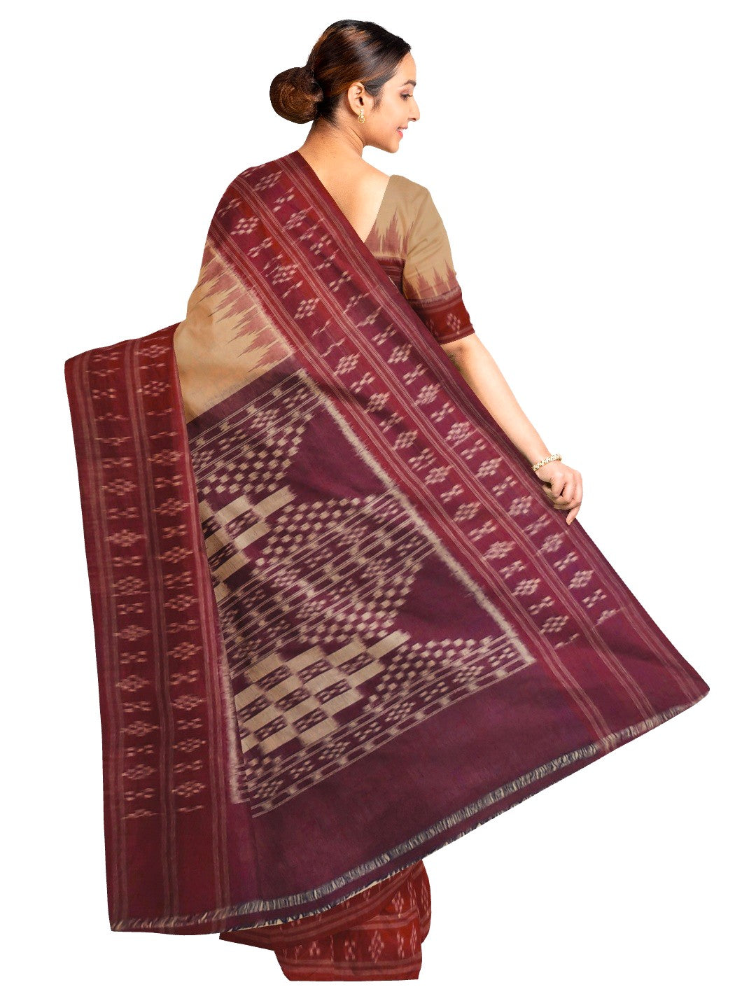 Beige Maroon double border Odisha Ikat saree with running blouse piece