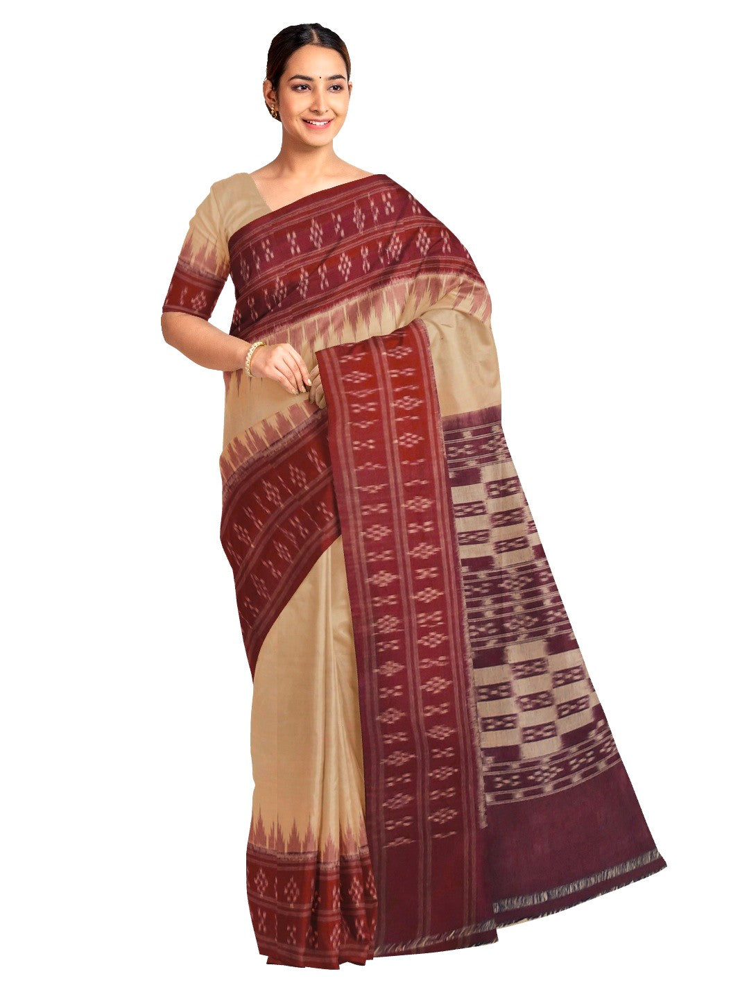 Beige Maroon double border Odisha Ikat saree with running blouse piece