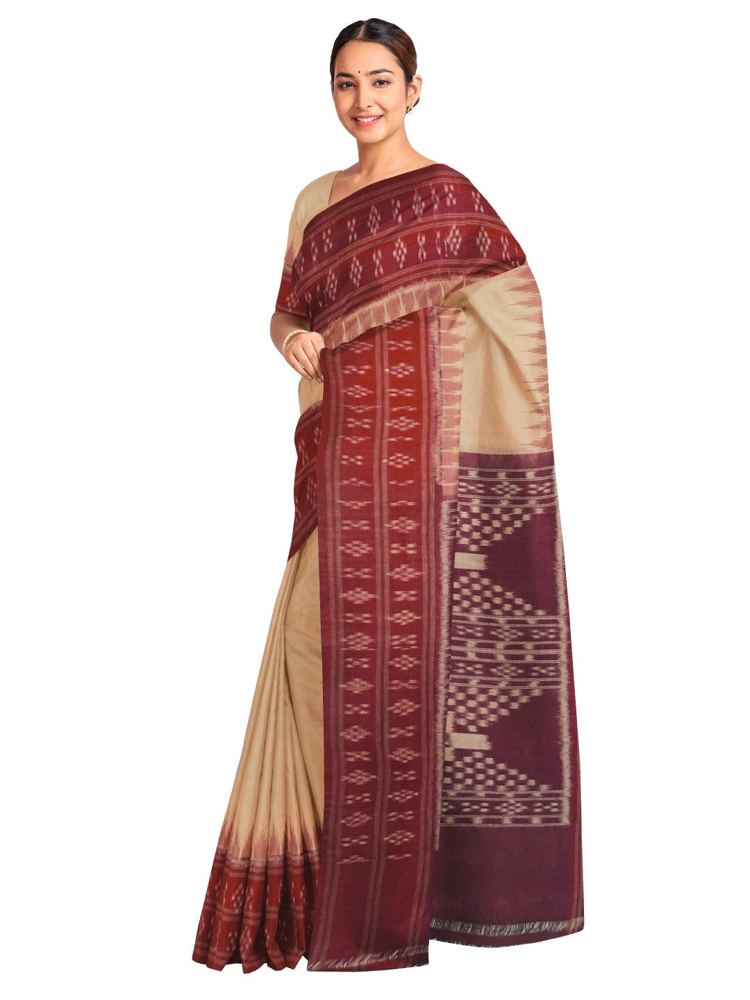 Beige Maroon double border Odisha Ikat saree with running blouse piece