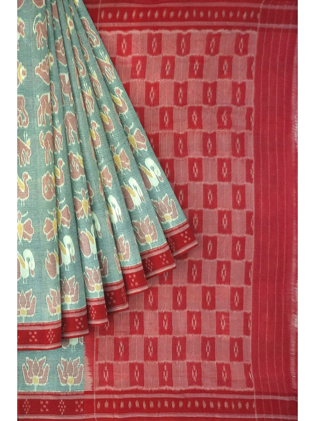 Green with Red cotton ikat Saree with red cotton Ikat blouse piece