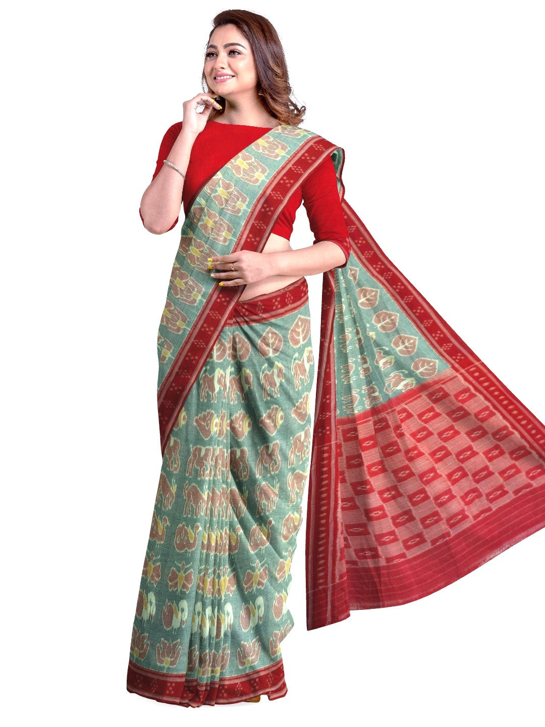 Green with Red cotton ikat Saree with red cotton Ikat blouse piece