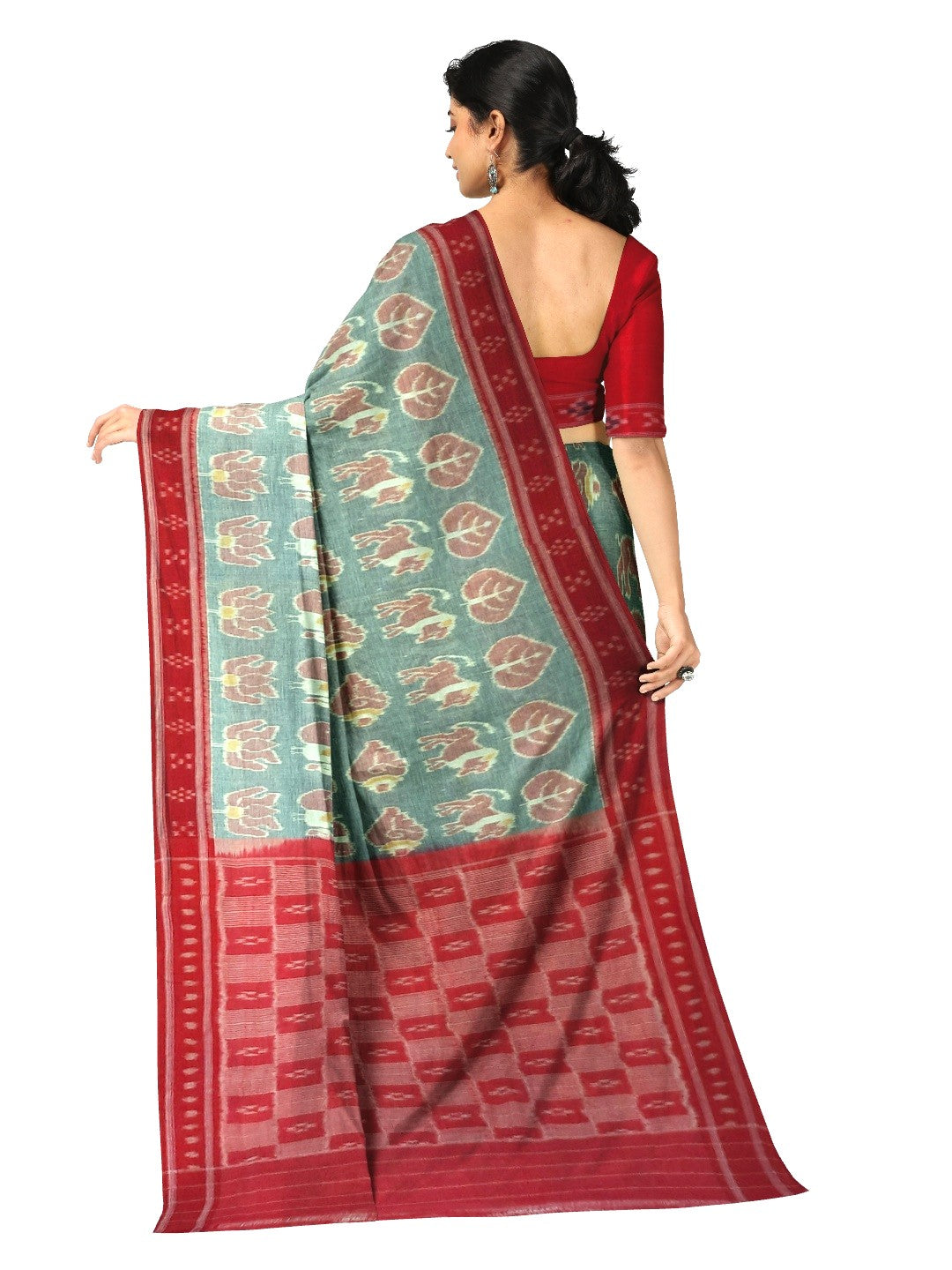 Green with Red cotton ikat Saree with red cotton Ikat blouse piece
