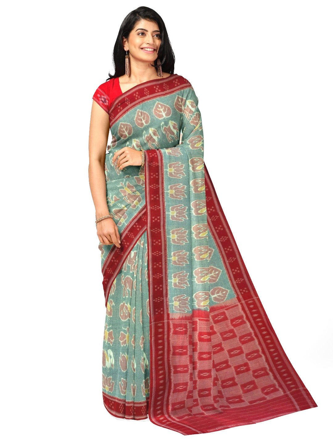 Green with Red cotton ikat Saree with red cotton Ikat blouse piece