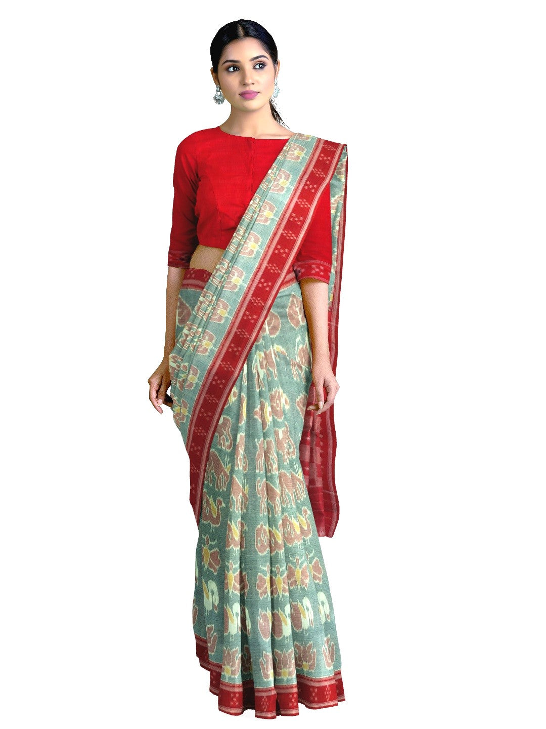 Green with Red cotton ikat Saree with red cotton Ikat blouse piece