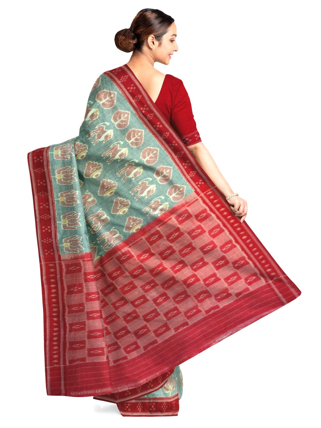 Green with Red cotton ikat Saree with red cotton Ikat blouse piece