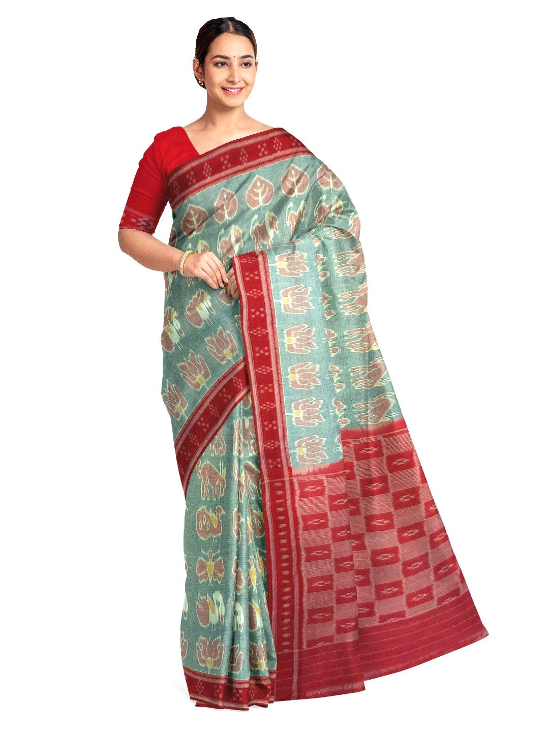 Green with Red cotton ikat Saree with red cotton Ikat blouse piece