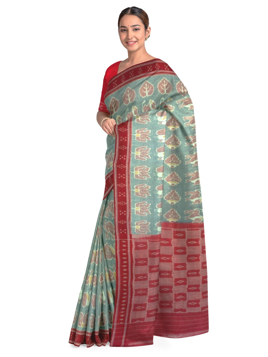 Green with Red cotton ikat Saree with red cotton Ikat blouse piece