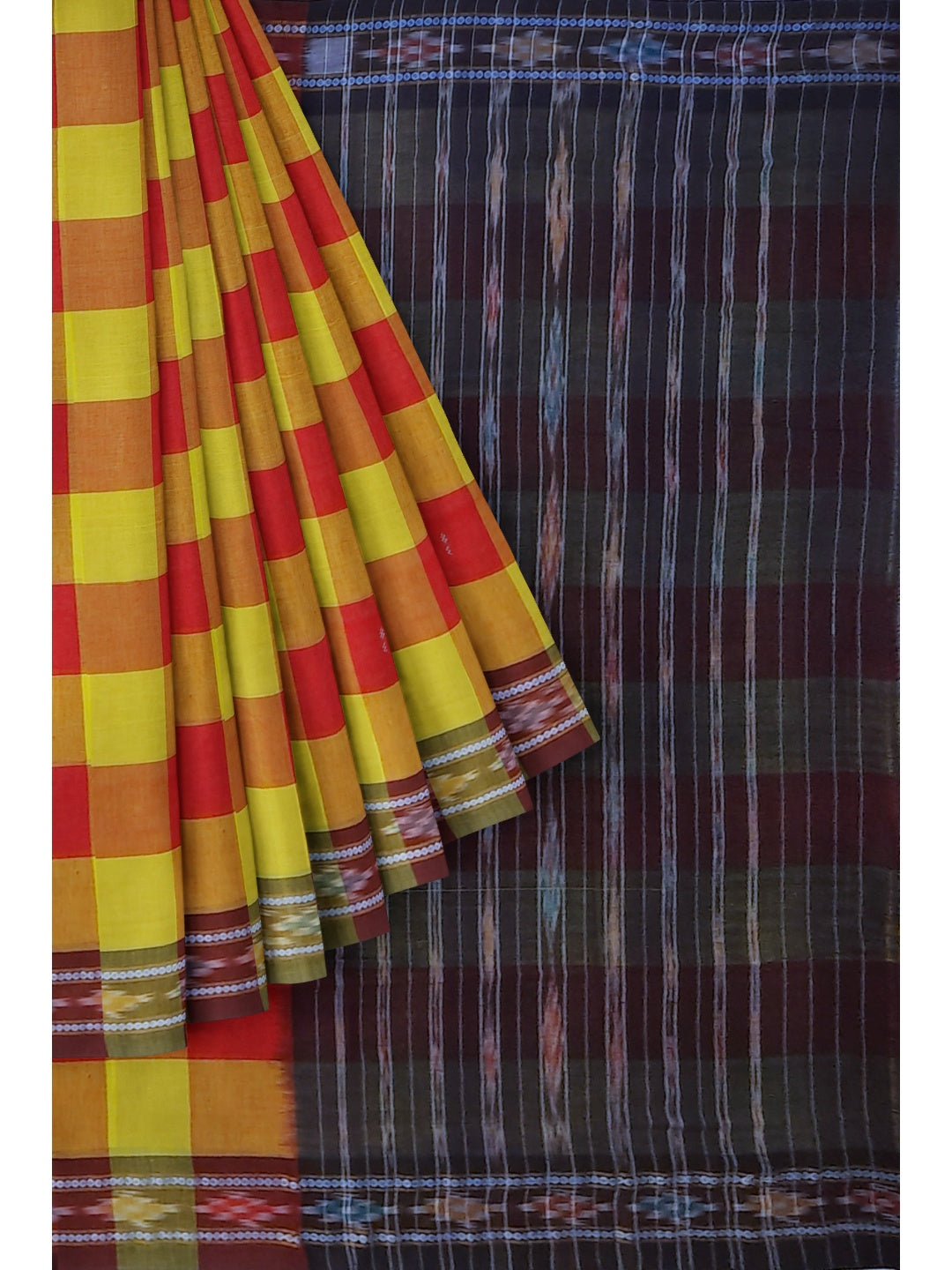 Yellow Red checkered body Odisha Ikat saree with cotton ikat blouse piece