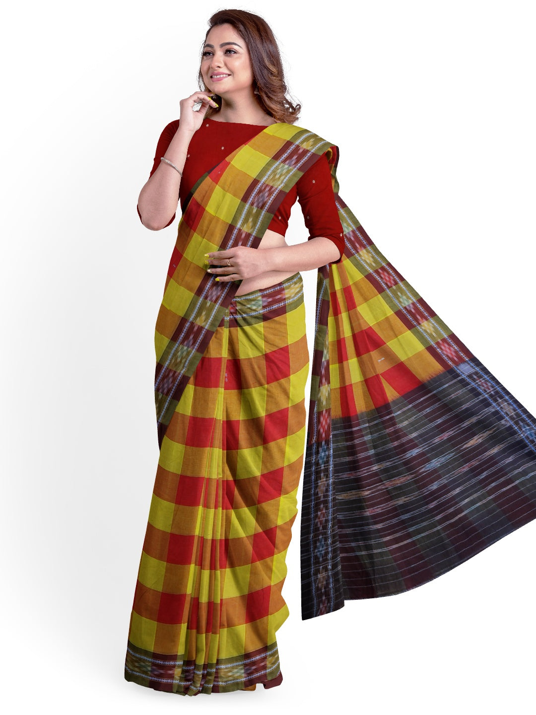 Yellow Red checkered body Odisha Ikat saree with cotton ikat blouse piece